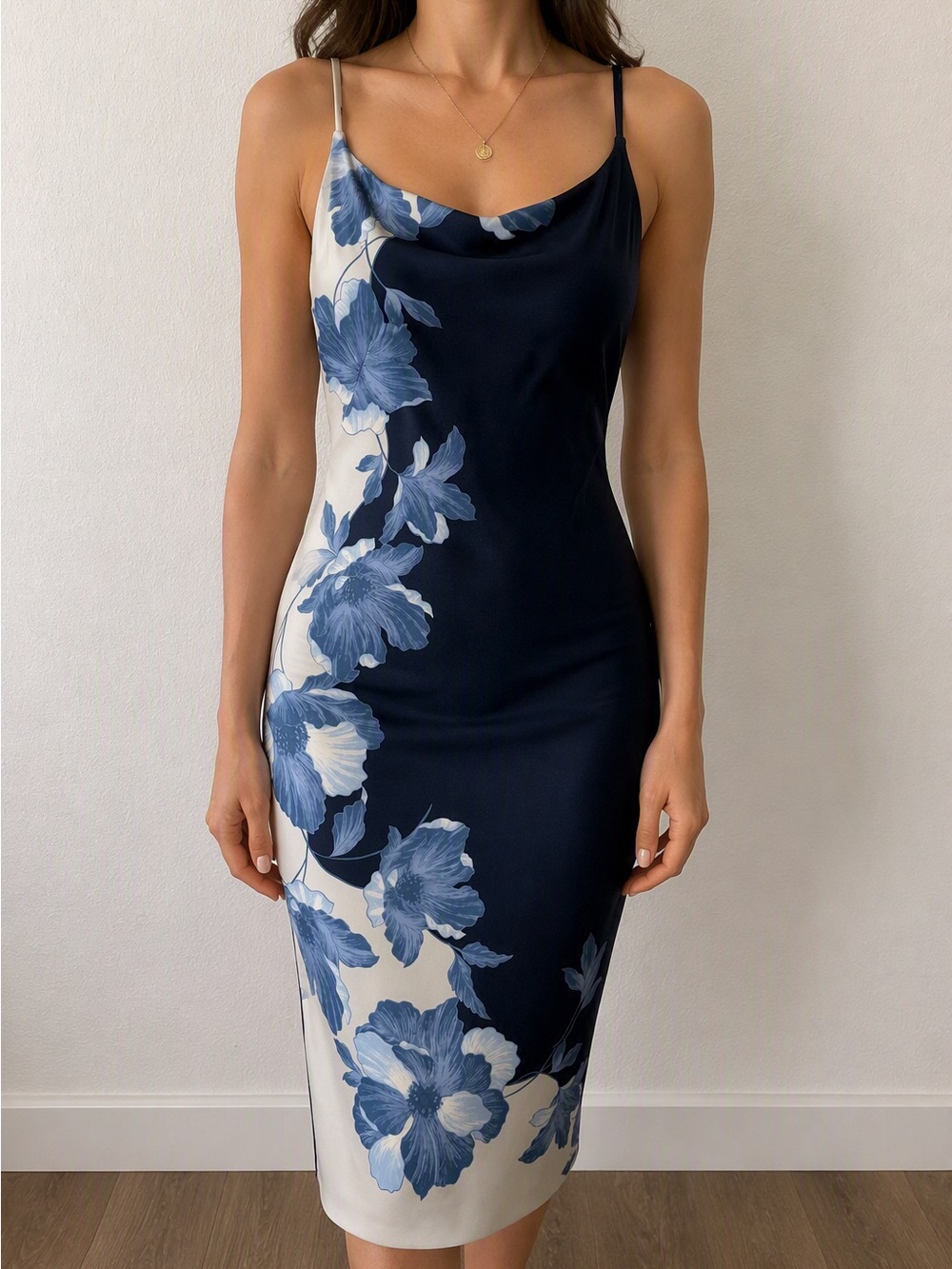 NWT Donna Karan New York Floral Slip Dress Blue Ivory Midi Cowl Neck Sz 12